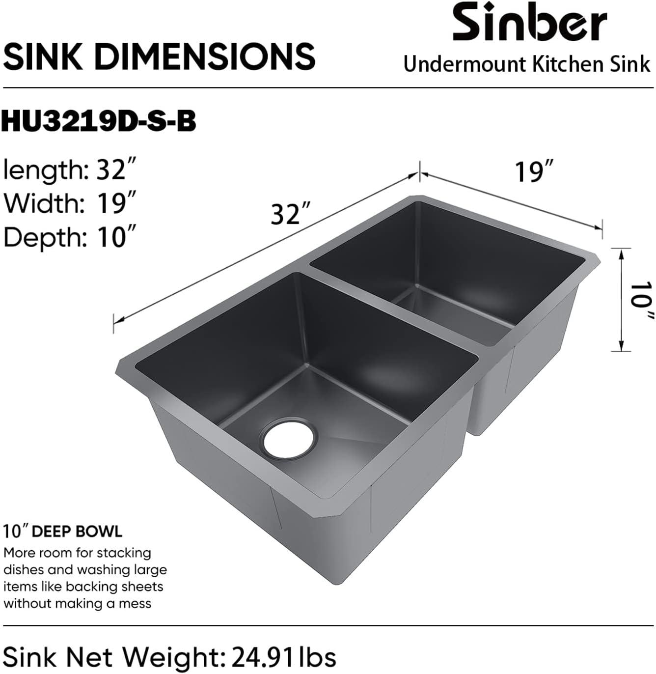Sinber  Undermount Double Bowl 304 Stainless Steel Kitchen Sink 32" x 19" x 10"(18 Gauge Sink Only) - Black