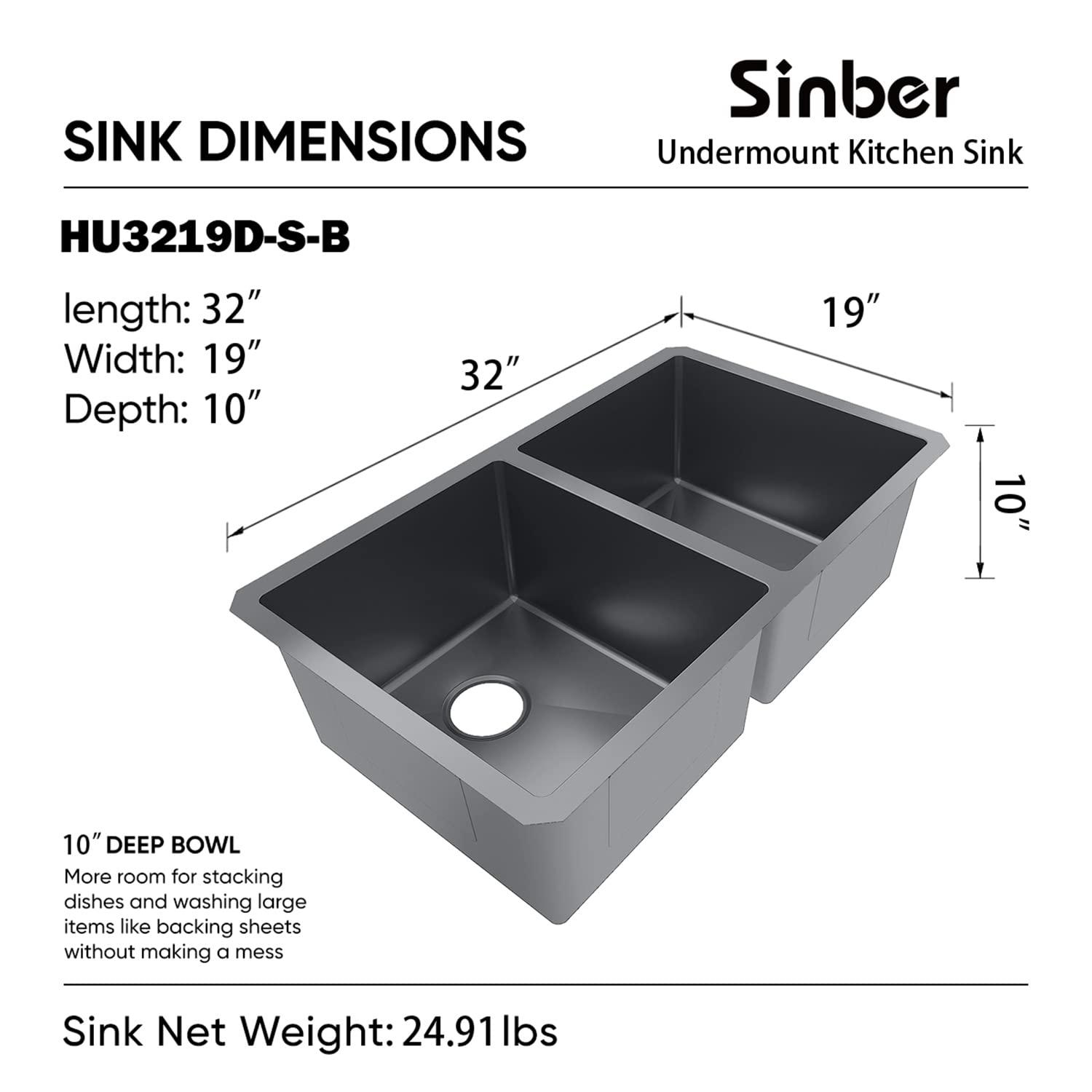 Sinber  Undermount Double Bowl 304 Stainless Steel Kitchen Sink 32" x 19" x 10"(18 Gauge Sink Only) - Black