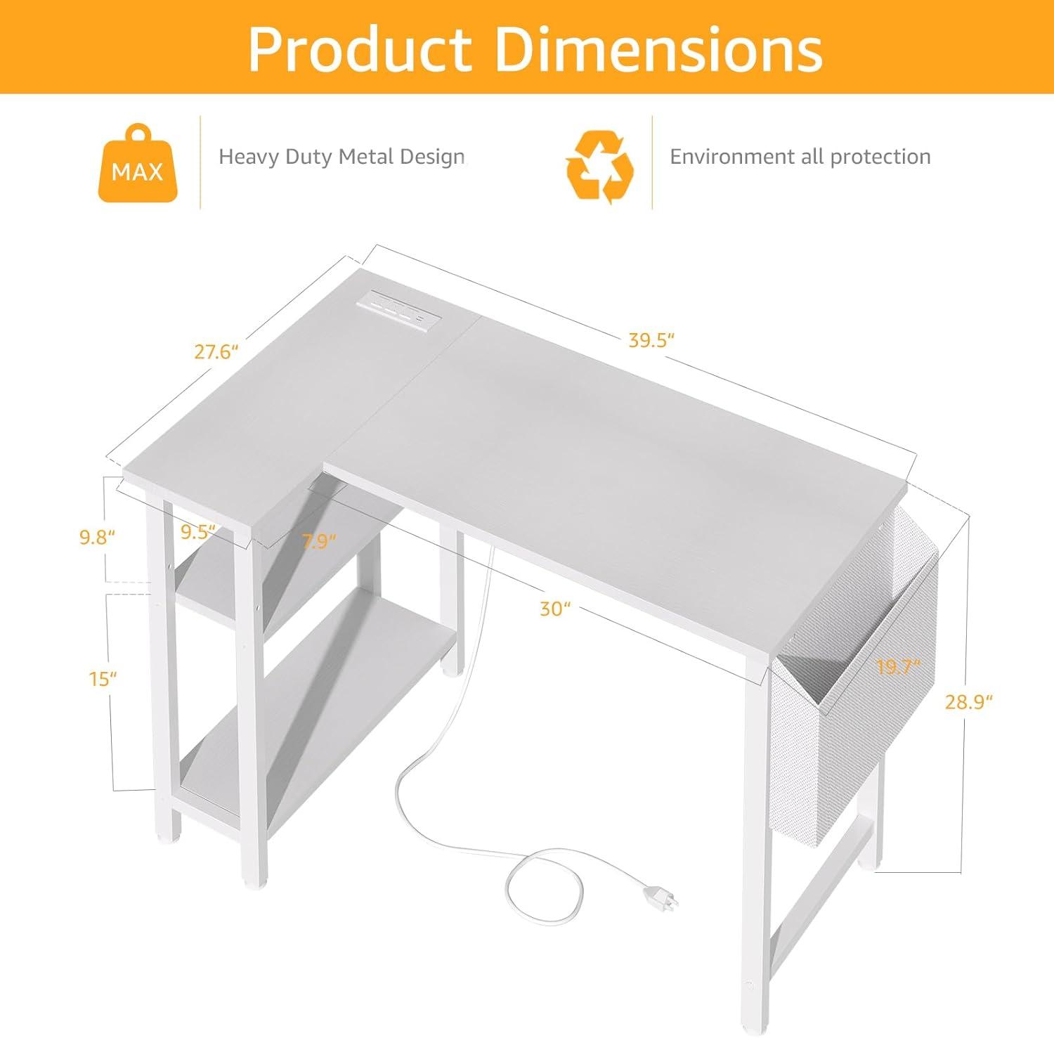 White L Shaped Computer Desk with Power Outlet Shelves, 40 Inch Small Corner Desk for Small Space Home Office, Study Work PC Desks for Bedroom, White