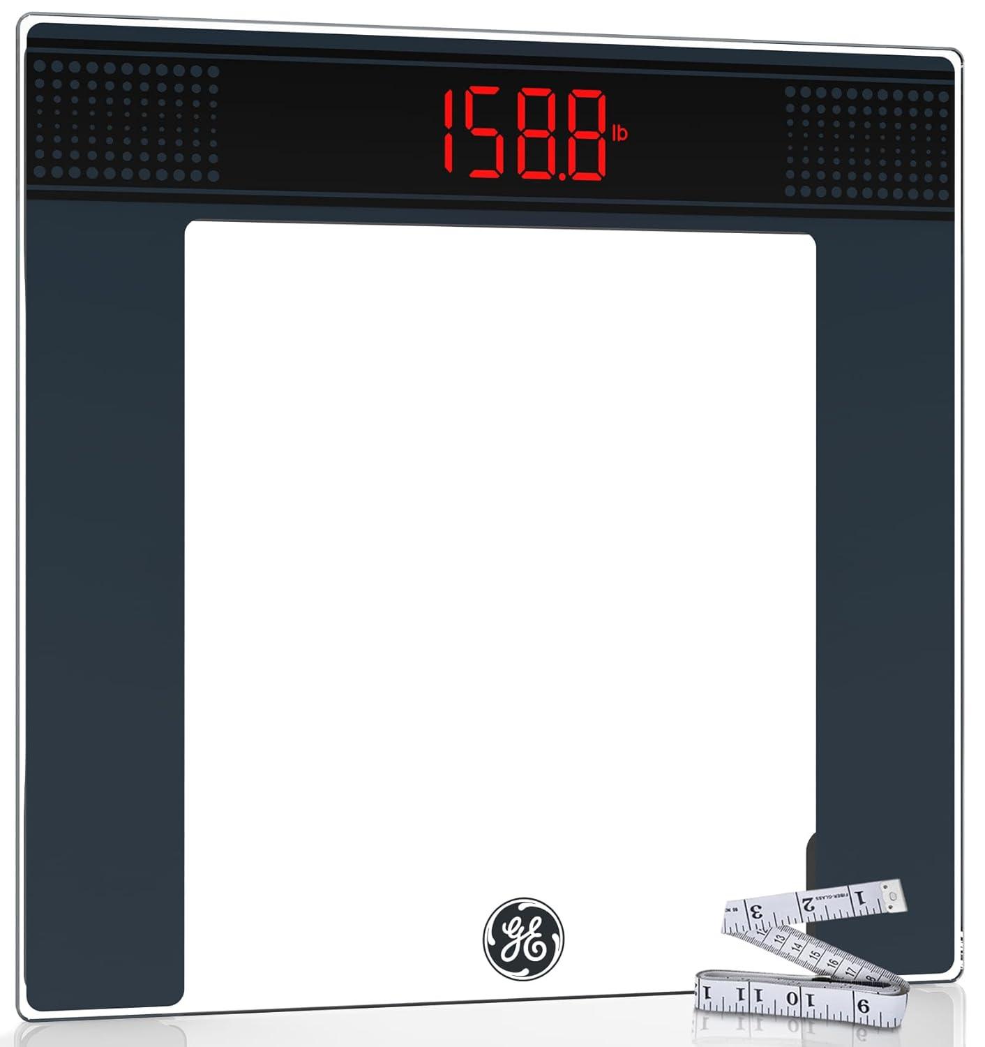 GE Bathroom Scale for Body Weight: Highly Accurate Digital Scale Weighing Machine with Clear Tempered Glass, 11.8" Large Platform, Compact Design, LED Display, 400 lbs, 4 Units, with Body Tape Measure