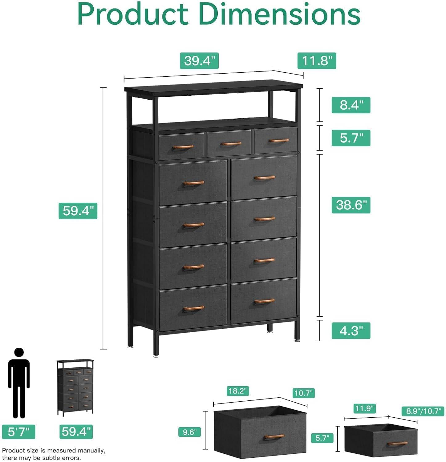 Tall Black and Dark Grey Dresser with Charging Station and 11 Drawers