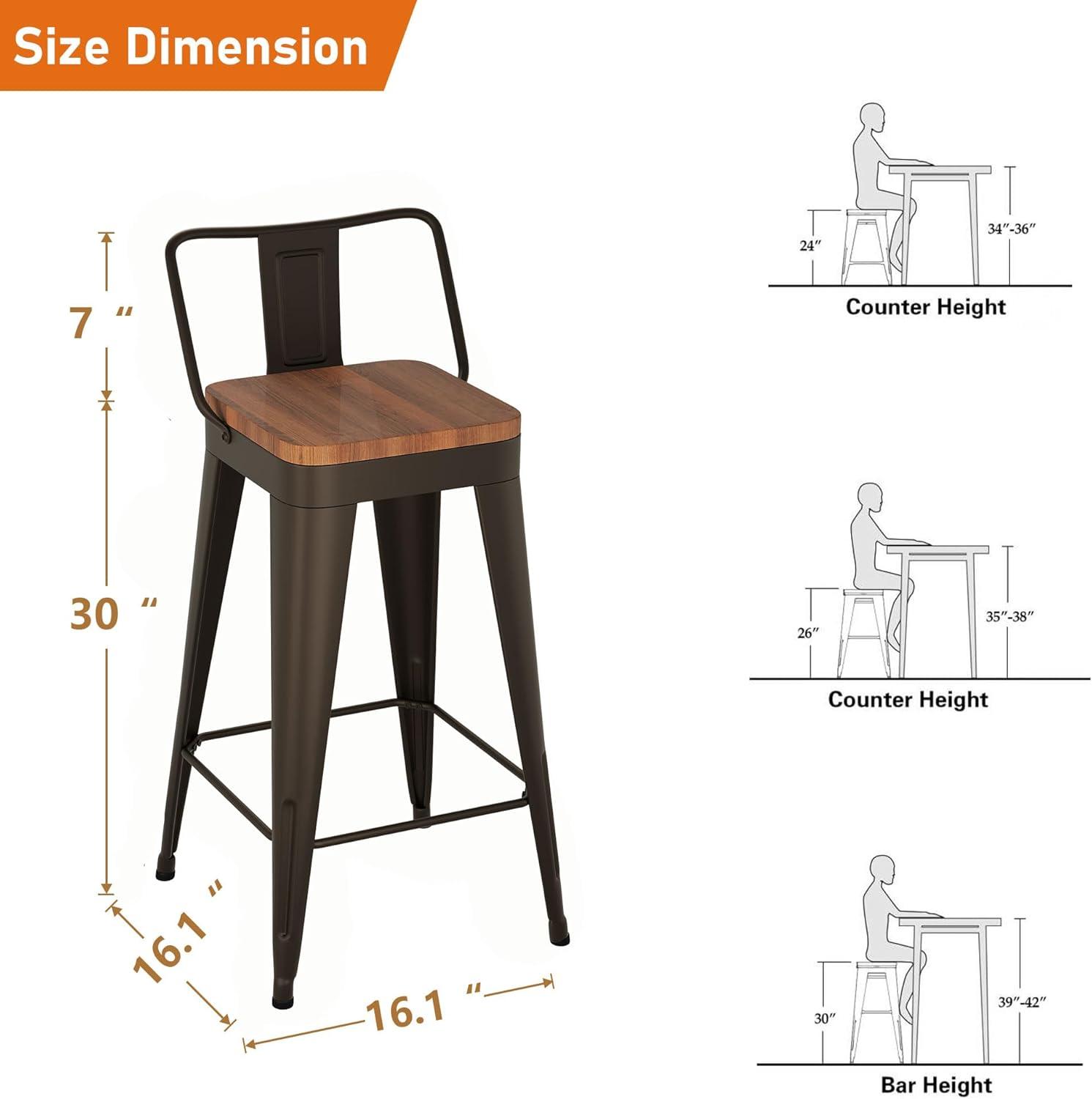 WENTMENT Bar Stools Set of 4 Counter Height Bar Stools Metal Barstools with Removable Back 30" Kitchen Bar Stools with Wooden Seat, Rusty