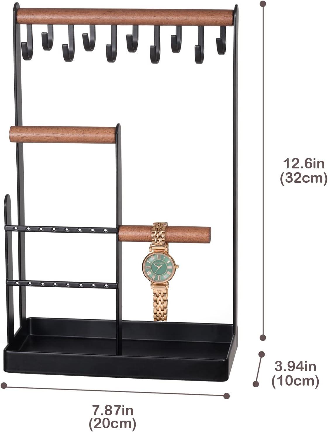ProCase Jewelry Organizer Stand Necklace Holder, 4-Tier Jewelry Tower Rack with Earring Tray and Holes, 10 Hooks Necklaces Hanging Storage Tree Display for Bracelets Watches Earrings Rings -Black
