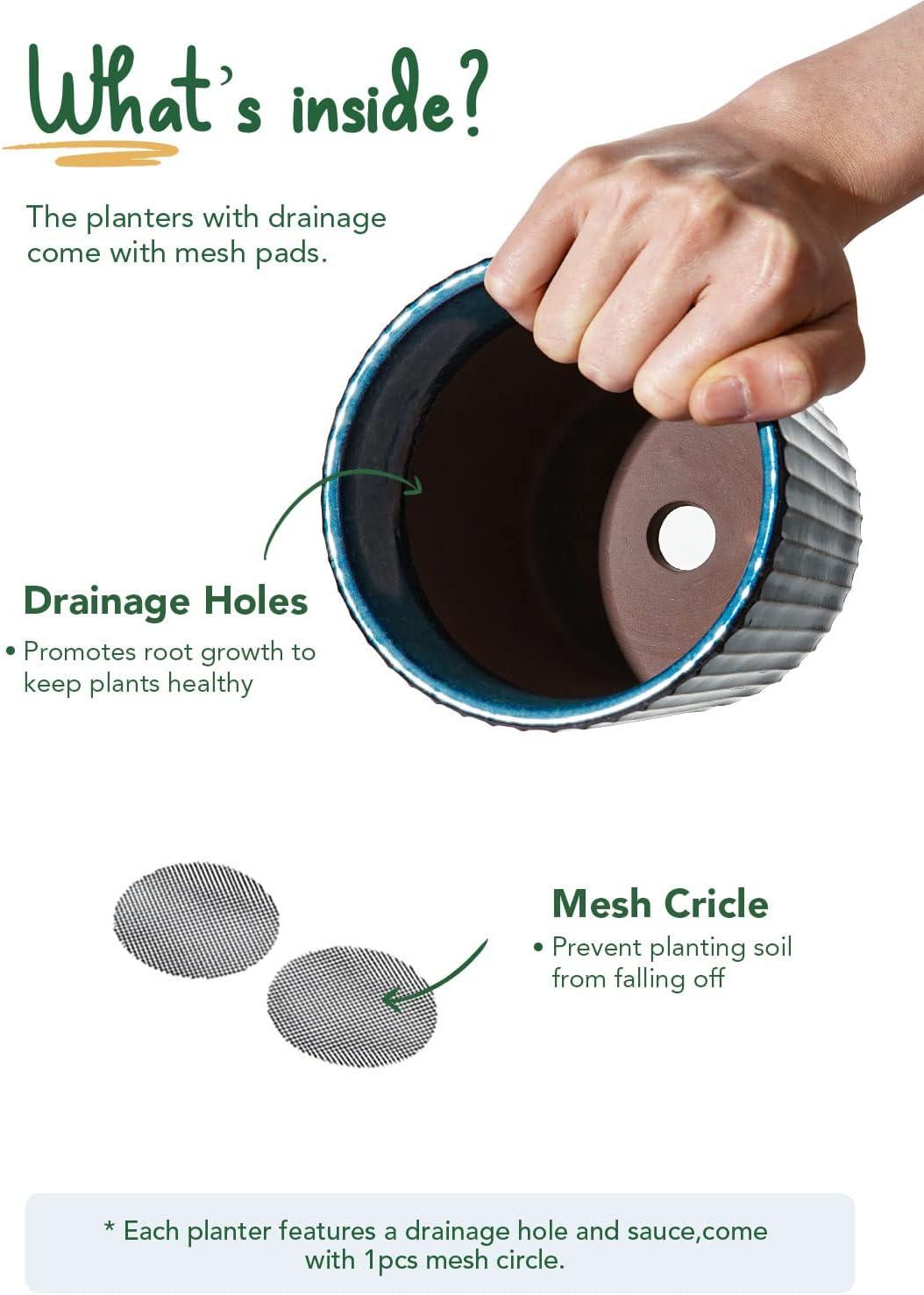 BEMAY 5.5" Plant Pots, Ceramic Indoor Planters with Drainage and Tray, Set of 2 Flower Pots for Succulent,Plants, Reactive Glaze Blue