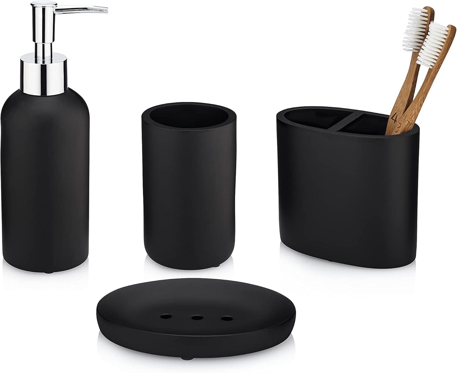 Essentra Home Matte Black Collection 4-Piece Bathroom Accessory Set. Includes: Soap Dispenser with Chrome Pump, Toothbrush Holder, Tumbler and Soap Dish