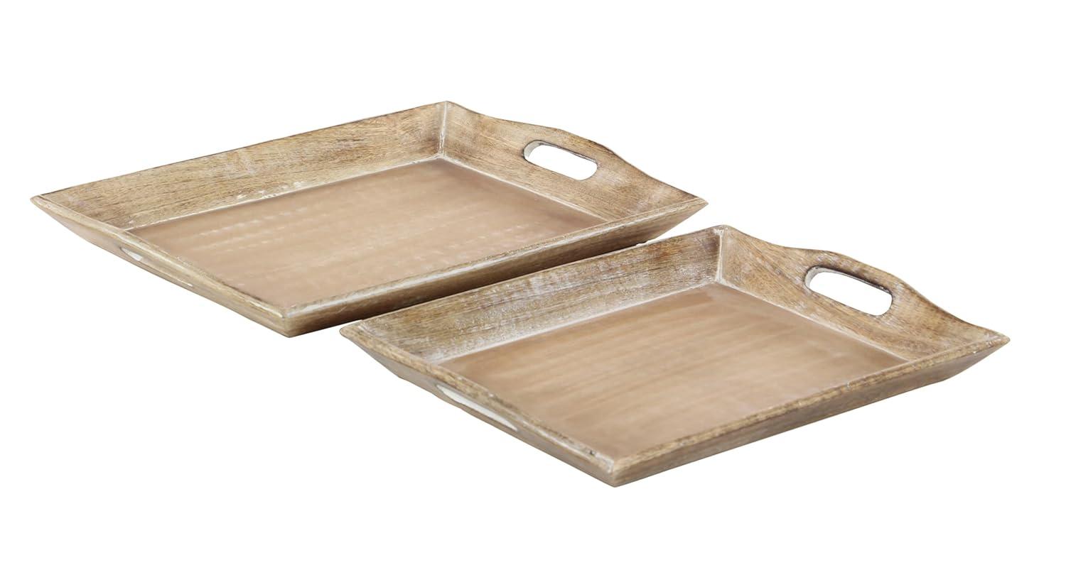 Olivia & May Set of 2 Traditional Whitewashed Natural Mango Wood Serving Trays Brown: Ottoman Style, with Handles