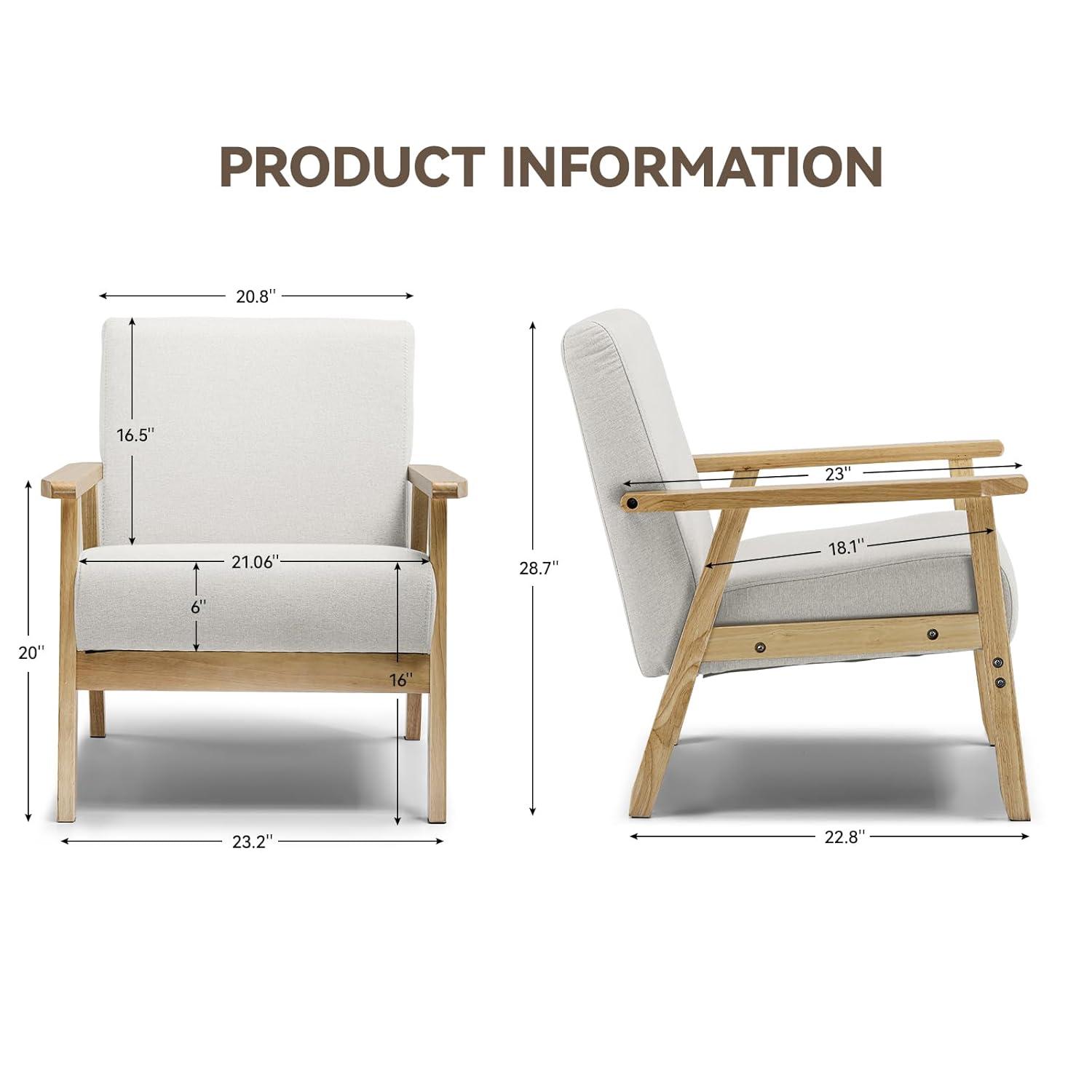 COMHOMA Mid Century Accent Chair, Modern Upholstered Living Room Chairs with Solid Wood Armrest, Comfy Reading Armchair for Bedroom, Sunroom, Balcony (Curved Armrests, Beige)