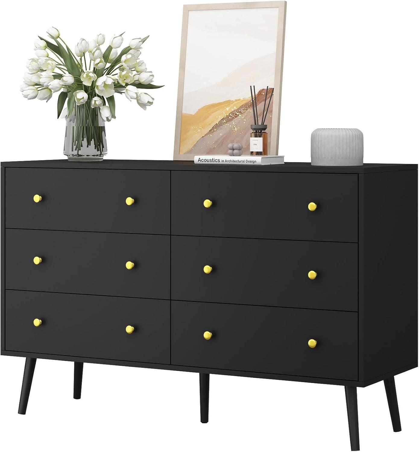 Black Dresser for Bedroom, Modern 6 Drawer Dresser, Wide Chest of Drawers with Gold Handles, Wood Double Dresser Storage Cabinet for Living Room, Bedroom, Hallway