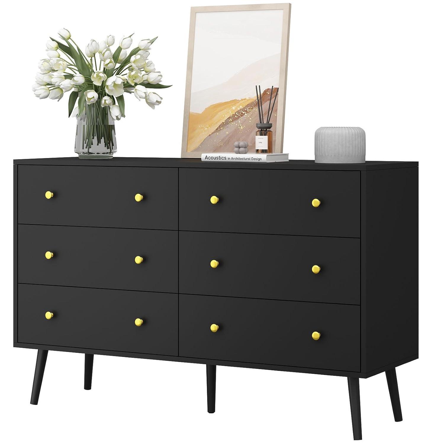 Black Dresser for Bedroom, 6 Drawer Dresser with Golden Handles, Large Storage Cabinet, Modern Chest of Drawers Organizer Storage for Hallyway, Entryway