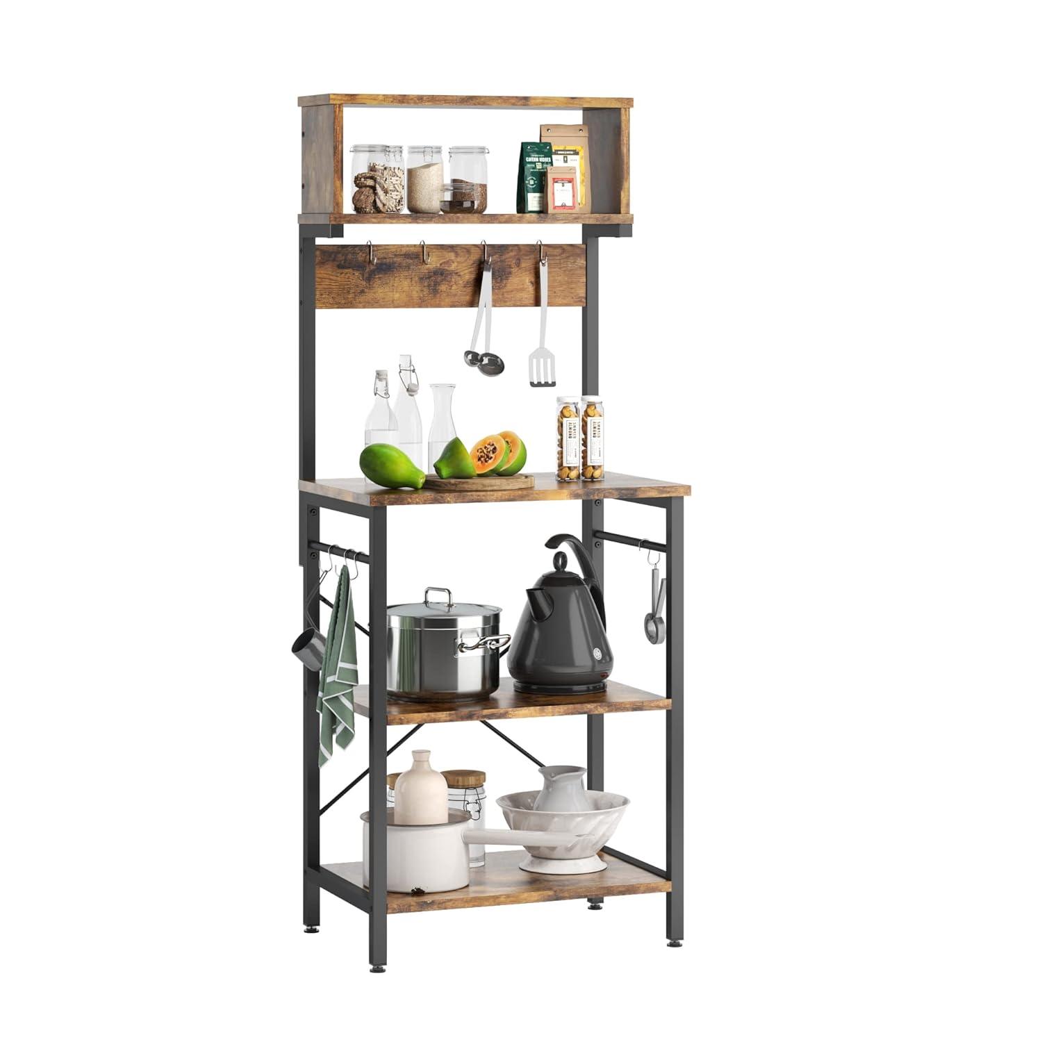 Bestier Kitchen Baker's Rack Microwave Oven Stand Kitchen Shelf with Hutch 8 Side Hooks Coffee Station Utility Storage Shelf for Kitchen Dining Room Living Room