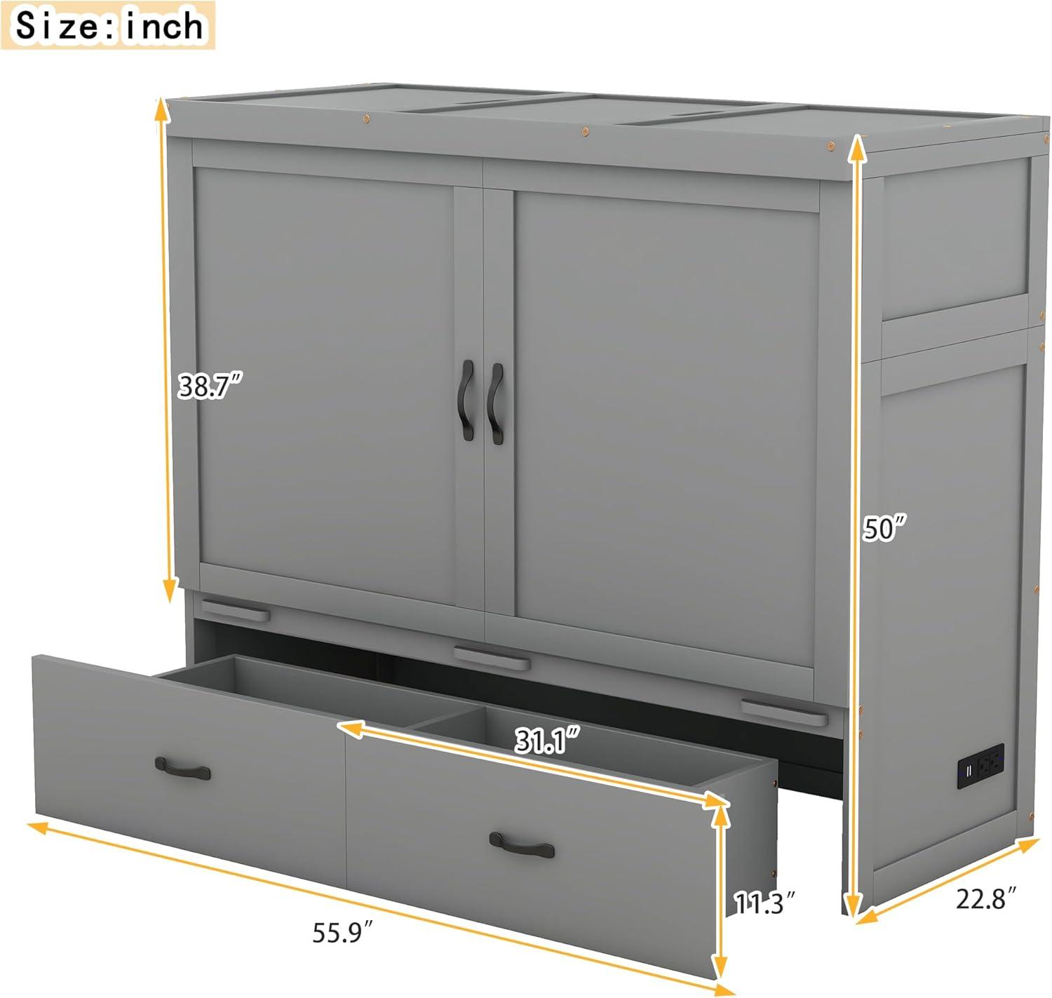 Harper & Bright Designs Full Size Murphy Bed with USB Port and a Large Drawer, Space-Saving Wall Bed for Multipurpose Guest Room or Home Office - White
