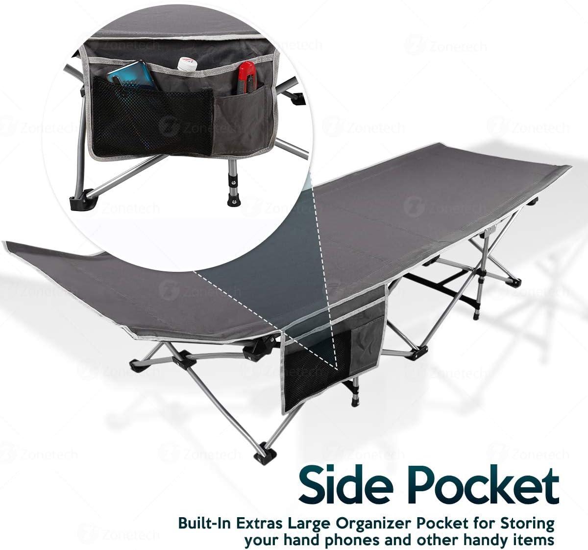 Zone Tech Folding Outdoor Travel Cot - 2 Pack Grey Portable Heavy Duty Adult and Kids Travel Cot with Large Pocket-Perfect for Hiking, Camping