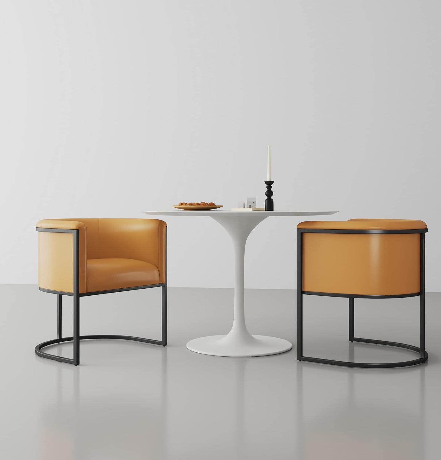 Manhattan Comfort Set of 2 Cosmopolitan Faux Leather Dining Chairs Saddle: Upholstered, Metal Frame, Armrests