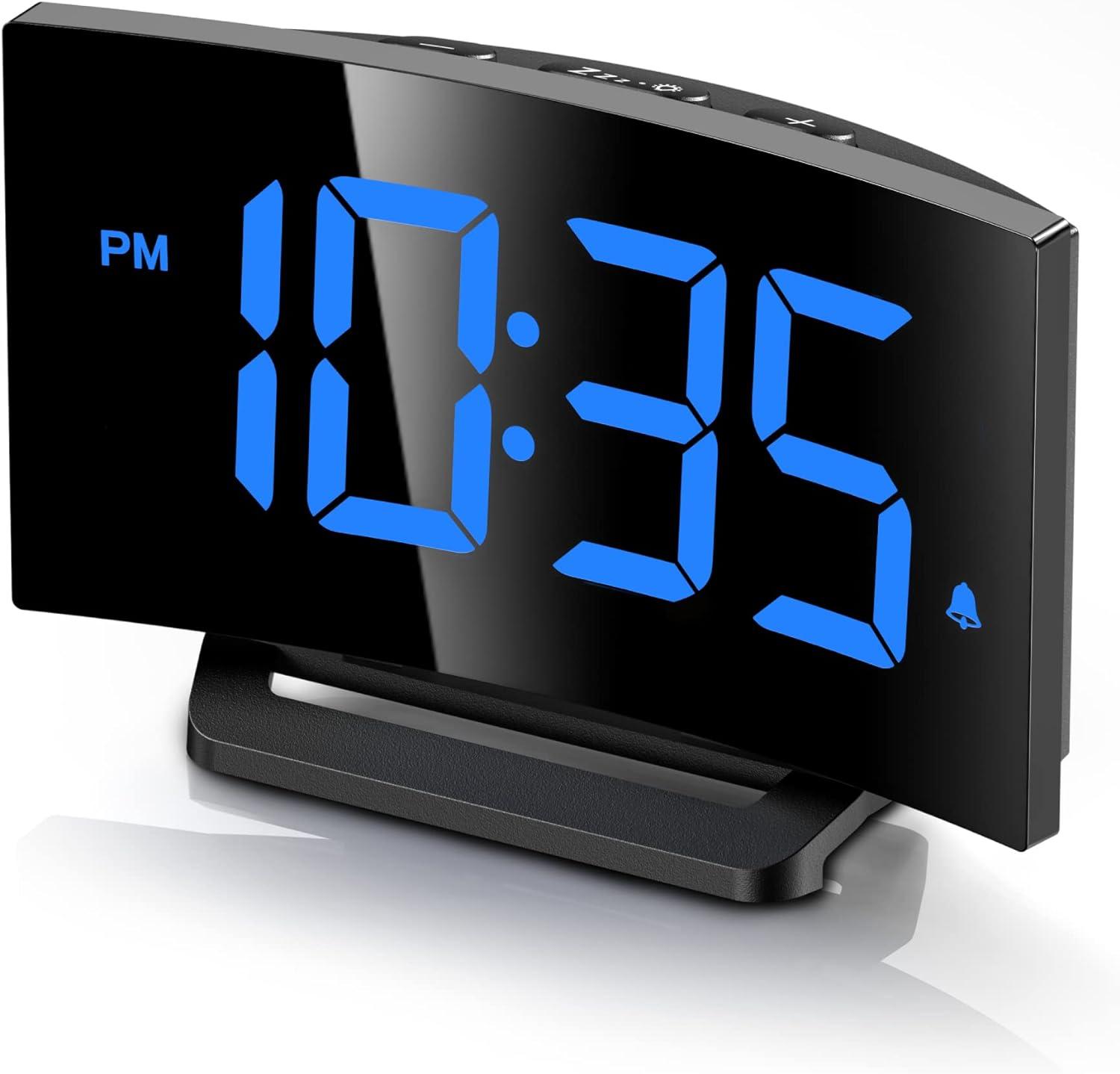 Curved Black Digital Alarm Clock with Blue LED Display