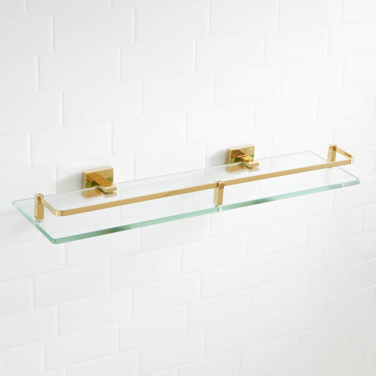 Polished Brass and Glass Wall Mounted Bathroom Shelf