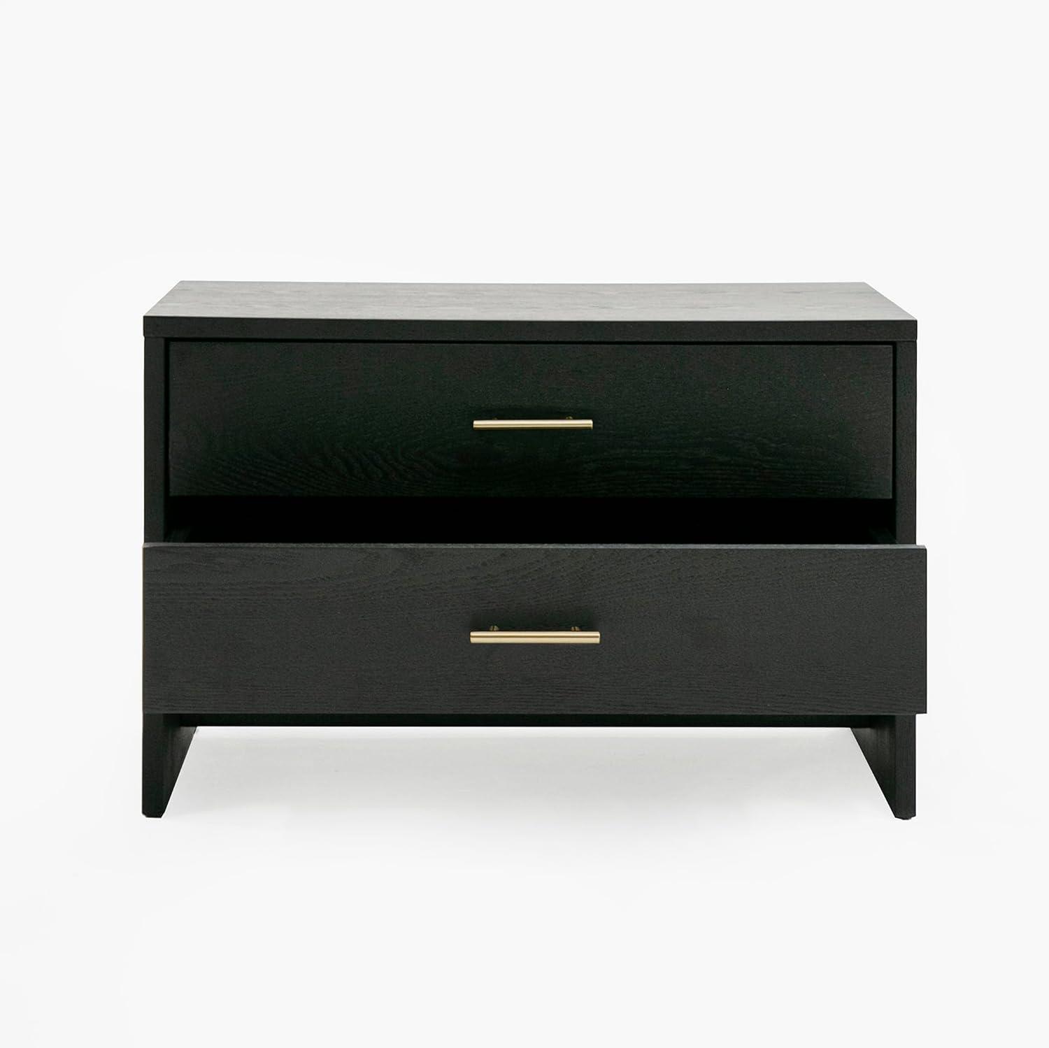 Gray Ash Veneer Nightstand with Brass Accents and 2 Drawers