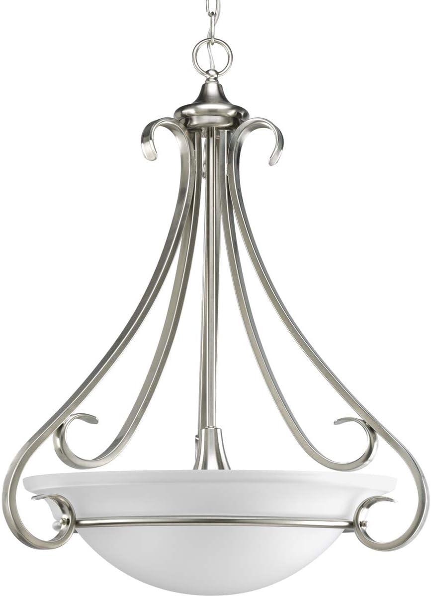 Progress Lighting Torino 3-Light Inverted Pendant, Brushed Nickel, Etched White Glass Bowl, Porcelain Material