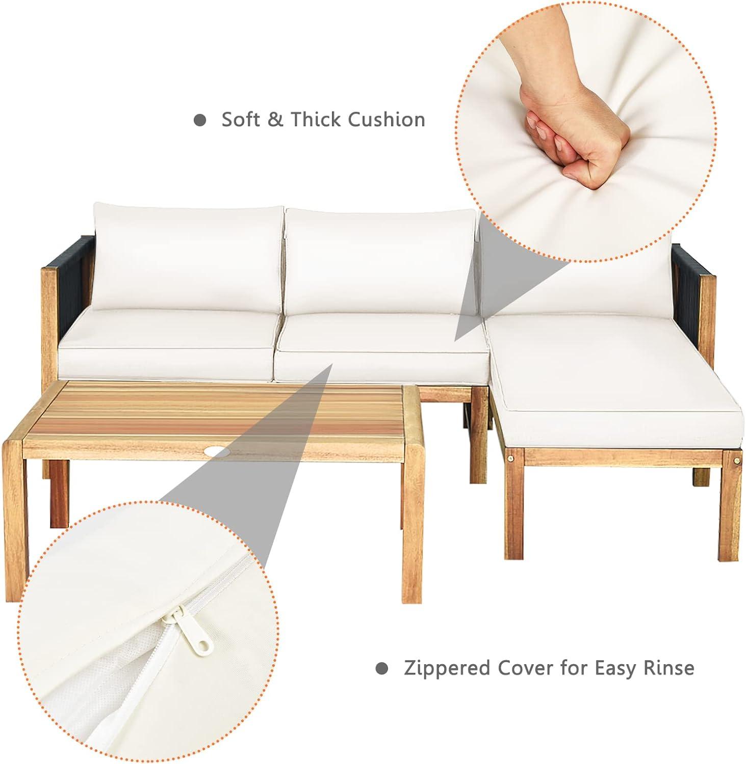 Topcobe 3 Piece Patio Acacia Sofa Set with Nylon Armrest, Outdoor Furniture, White