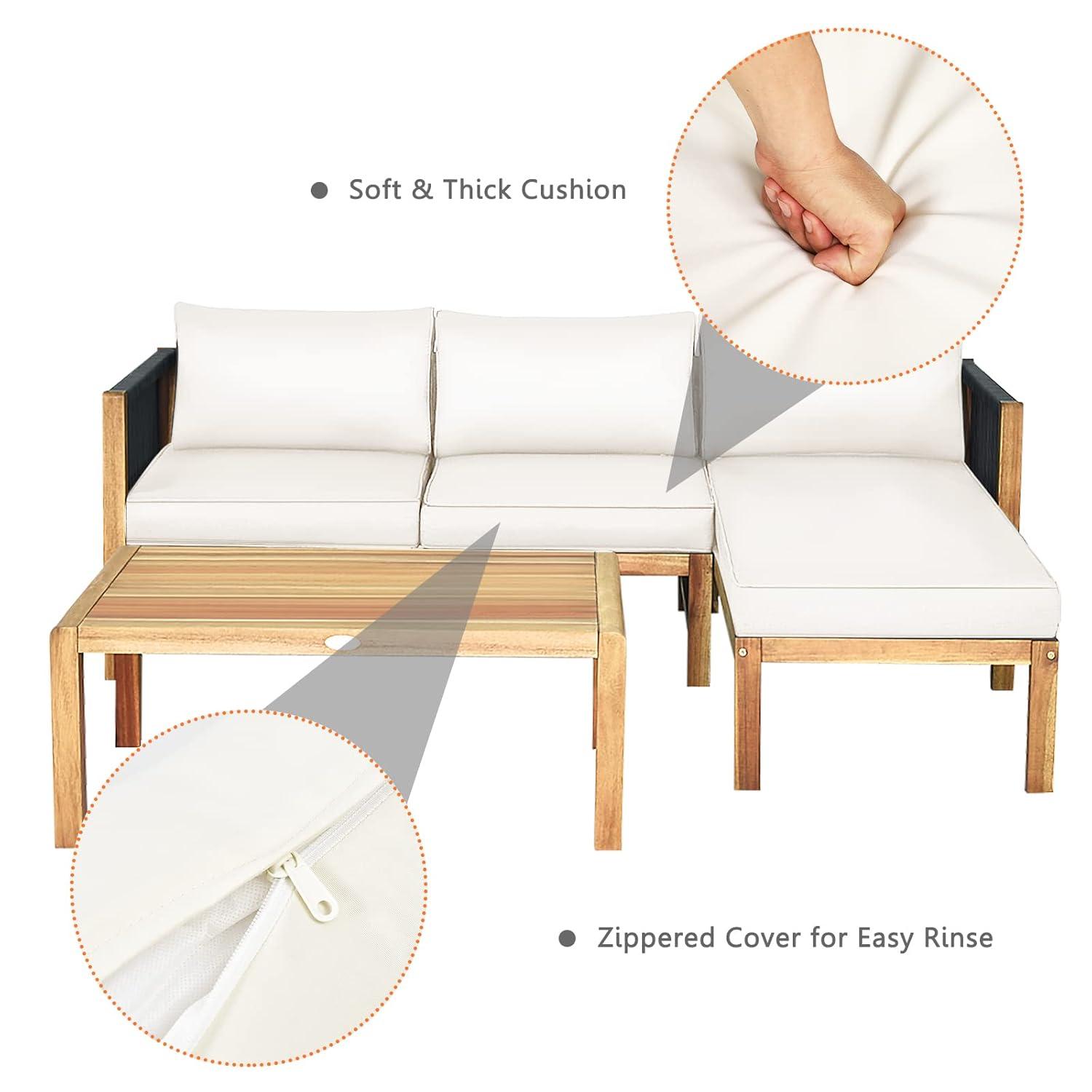 Topcobe 3 Piece Patio Acacia Sofa Set with Nylon Armrest, Outdoor Furniture, White