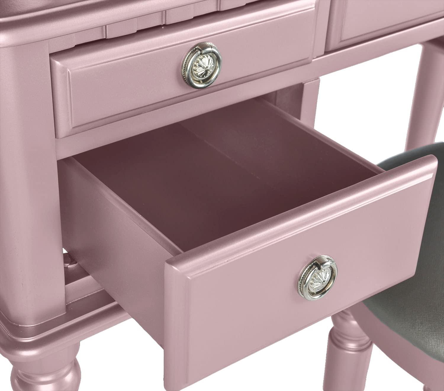 Poundex Furniture Wood Vanity Set with Mirror and Stool in Pink Rose Gold Color