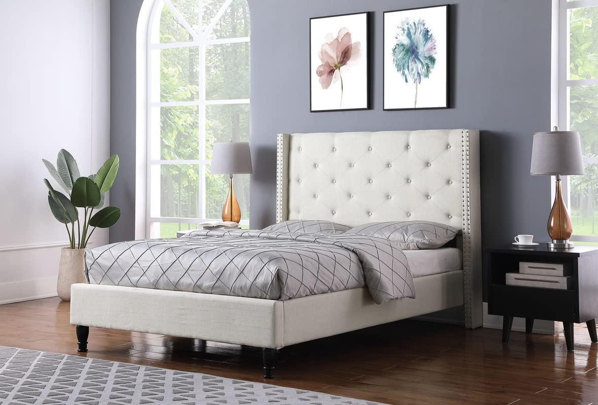 Oliver and Smith Full Upholstered Platform Bed Frame Light Beige - 51 Inch Tall Button Tufted Headboard - Soft Linen Fabric Wood Slats - Modern Fabric Design - Easy Assembly (ASTOR)