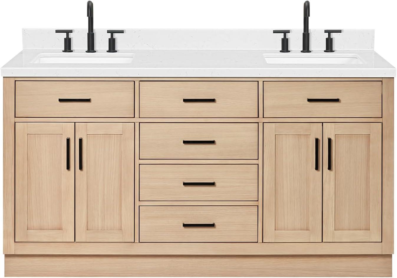 Tidworth 66'' Solid Wood Double Bathroom Vanity with 1.5'' Carrara Quartz Top, Rectangular Sinks