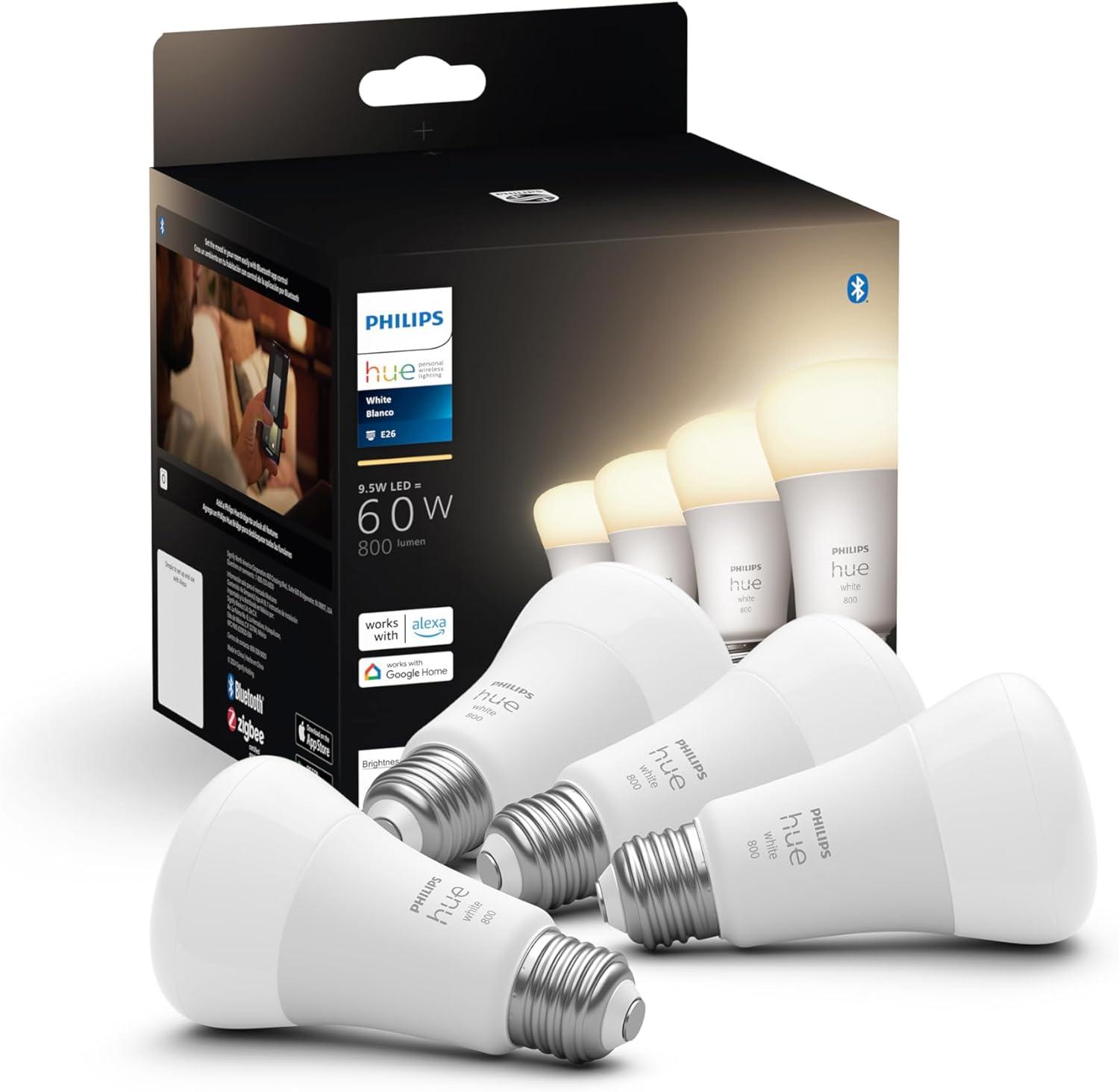 Philips Hue A19 Bluetooth Smart LED Bulb 4-Pack, White