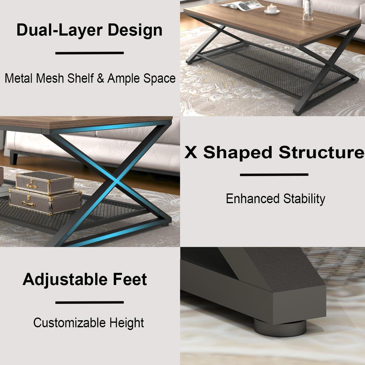 47 Inch Table with Storage Shelf, 2 Tier Rectangle Center Table Minimalist Home Tea Coffee Table