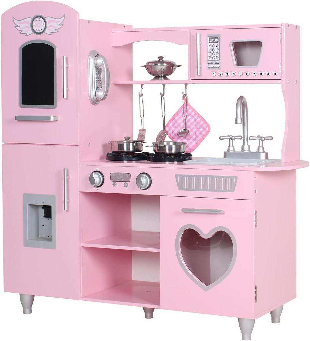 Pink Wooden Play Kitchen Set with LED Lights and Sounds