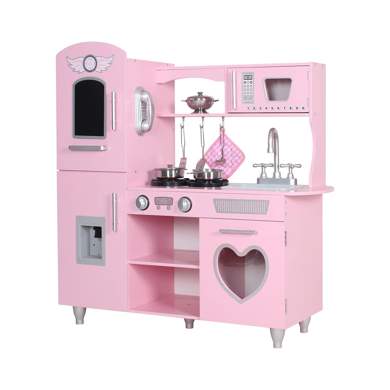 TaoHFE Play Kitchen, Pink Kids Kitchen Set for Girls Kitchen Set for Kids Ages 6-8 Gift Toddler Kitchen Set for Kid Age 3+ Kitchen Playset with Lights & Sounds Wooden Toy Kitchen Playset Gift