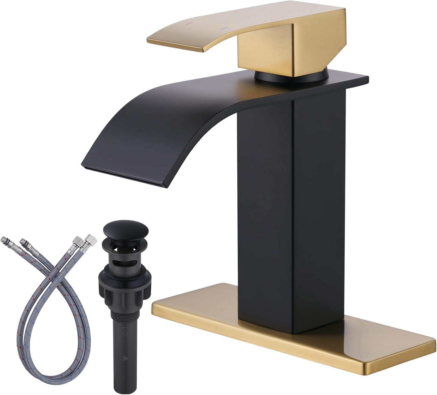 Wowow Waterfall Bathroom Faucet Gold and Black Faucet for Bathroom Sink Single Handle Mixer Tap Lavatory Vanity Faucet with Deck Plate, 1 or 3 Hole