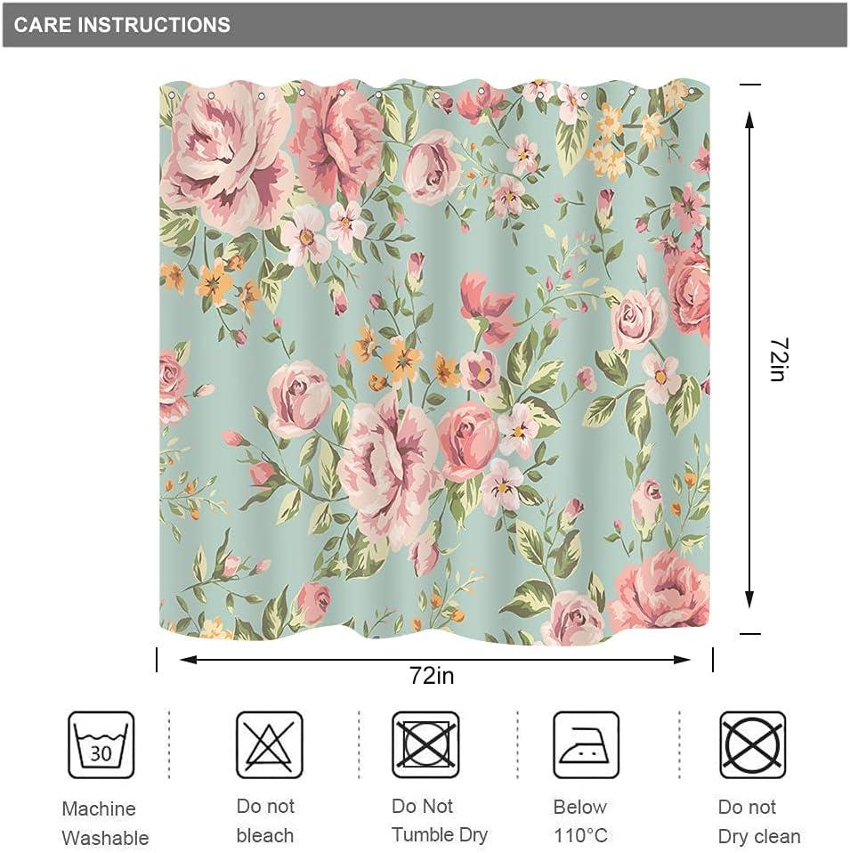 Fabric Pink Flower Shower Curtain for Bathroom 72Wx72H Inch Rose Floral Blooming Green Leaves for Girl Women Bathtub Accessories Decor Rustic Waterproof Fabric Bathroom 12 Pack Hooks WW-NDHC