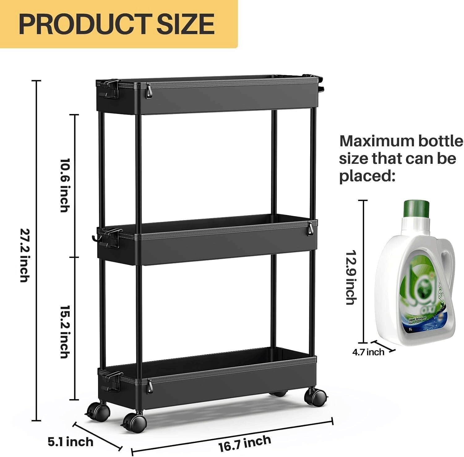 SPACEKEEPER Slim Rolling Storage Cart, 3 Tier Bathroom Storage Organizer Laundry Room Utility Cart Mobile Shelving Unit, Multi-Purpose for Kitchen Office Bathroom Laundry Narrow Places, Black
