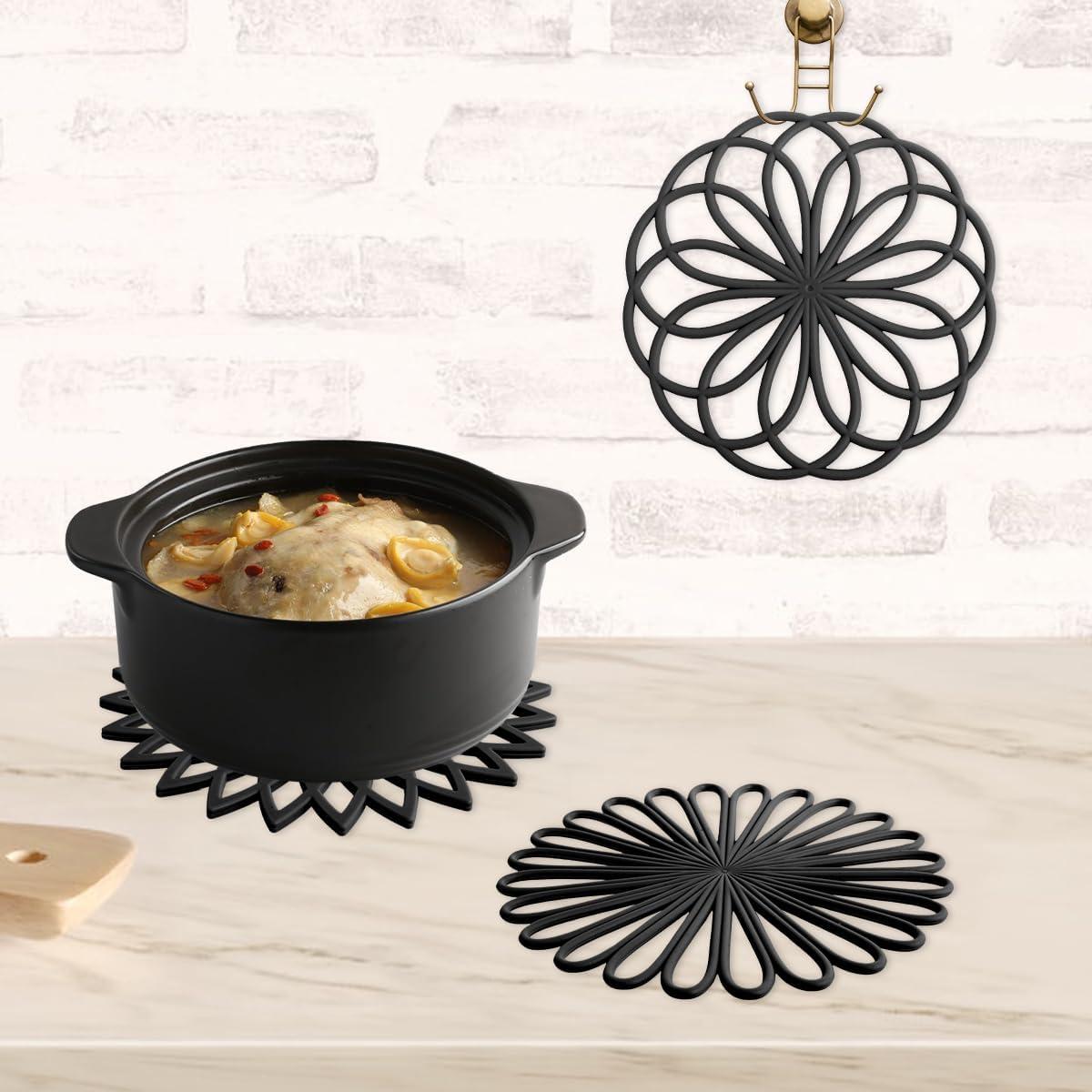 3Pcs Silicone Trivet Mat 7.9inch Anti-Slip Heat-Resistant Hot Pad Set Hollow Flower Shape Non-Stick Decorative Mat for Home Kitchen