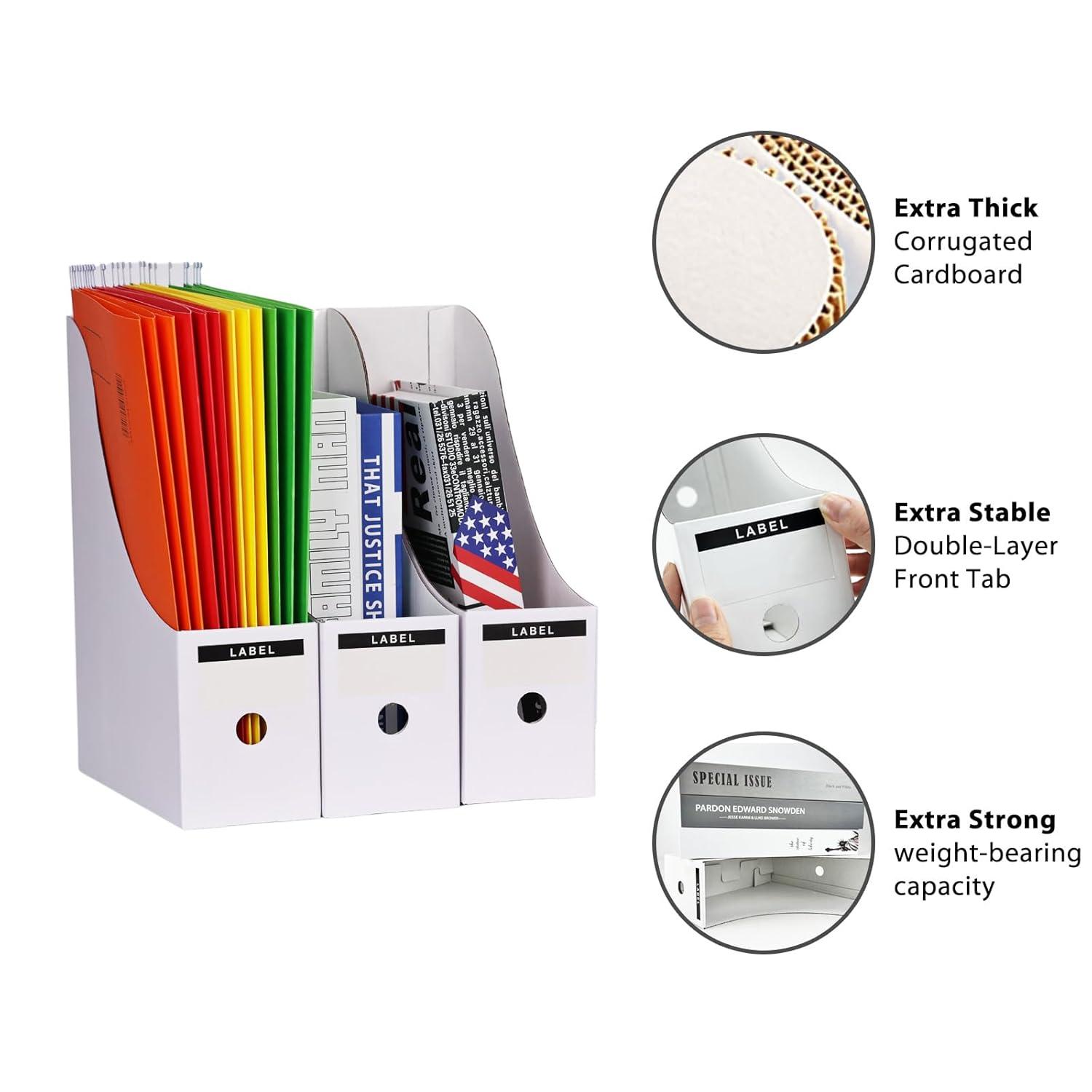HUAPRINT Magazine File Holder(12 Pack,White)-Folder Holder,Desk File Organizer,Document Holder Box,Magazine Storage Box,With Labels