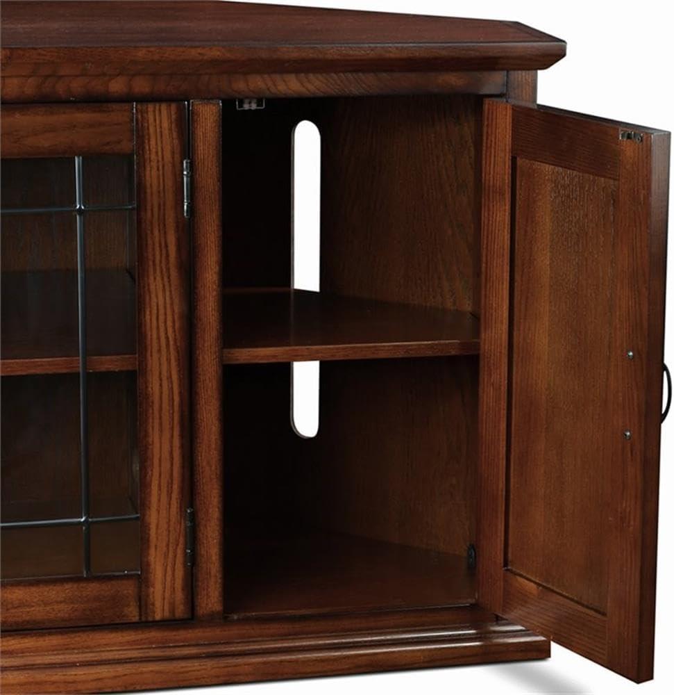 Leick Home 80386 Leaded Glass Corner TV Stand with Enclosed Storage For 60" TV's, Burnished Oak
