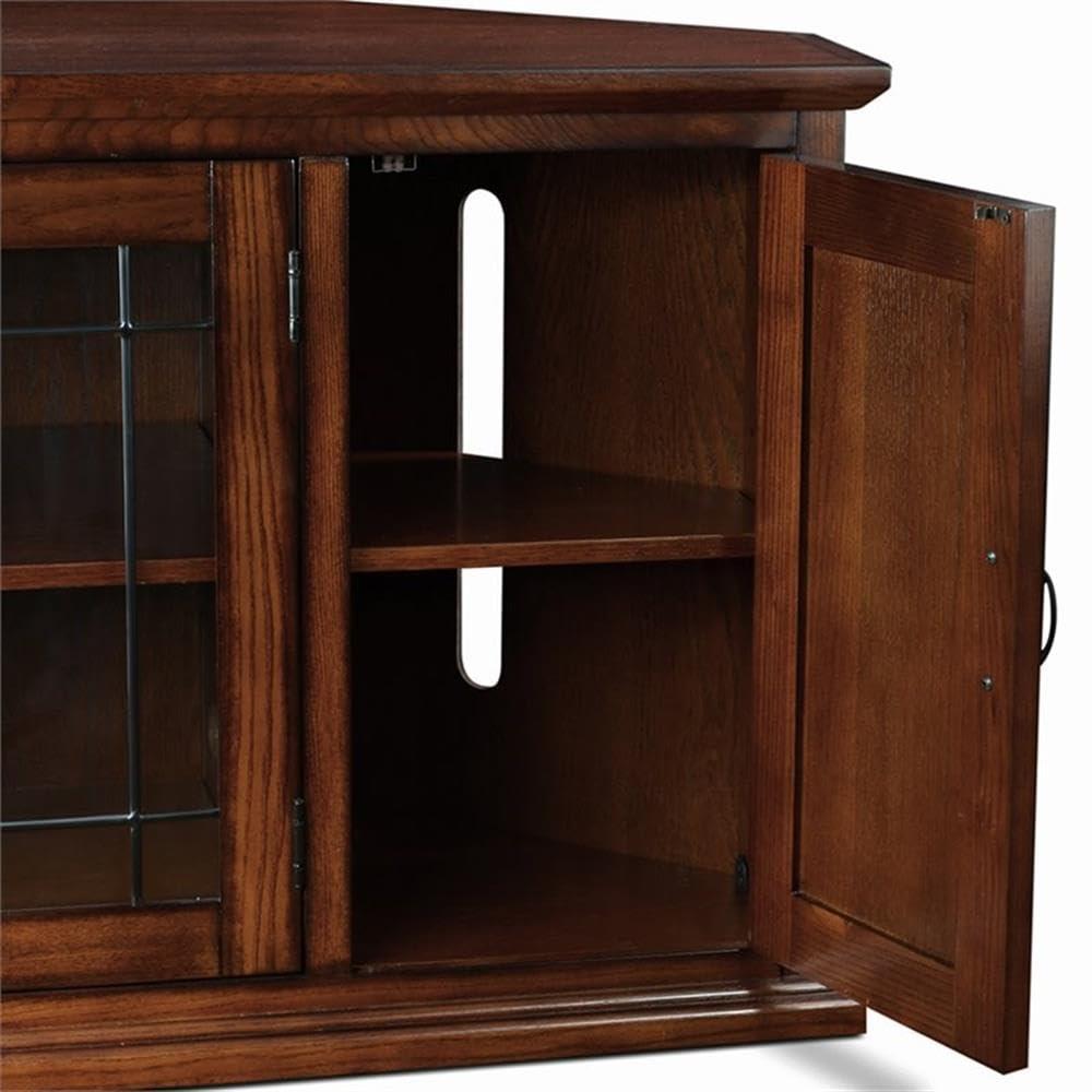 Leick Home 80386 Leaded Glass Corner TV Stand with Enclosed Storage For 60" TV's, Burnished Oak