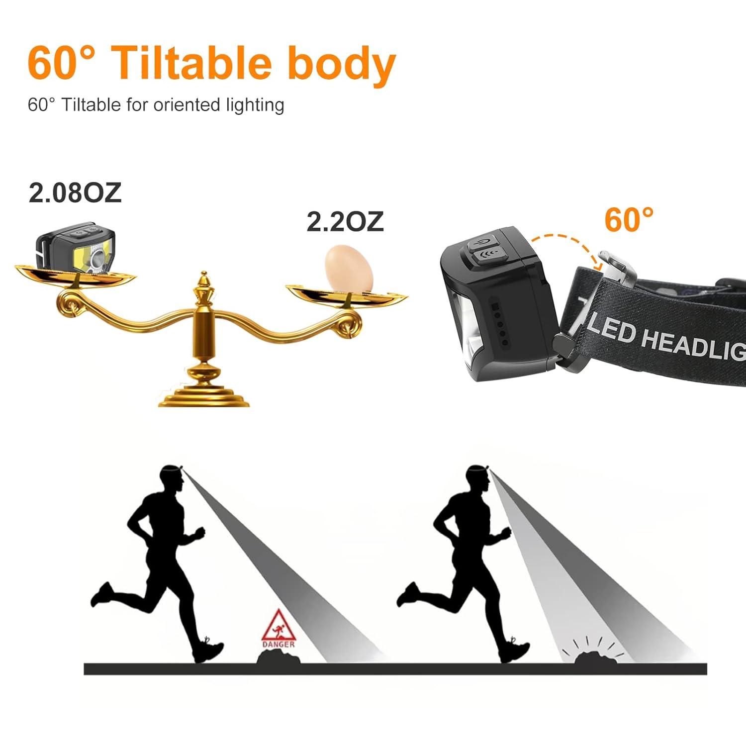 Headlamp Rechargeable, 2-Pack 1200 Lumen Super Bright with White Red LED Head Lamp Flashlight, 12 Modes, Motion Sensor, Waterproof, Outdoor Fishing Camping Running Cycling Headlight