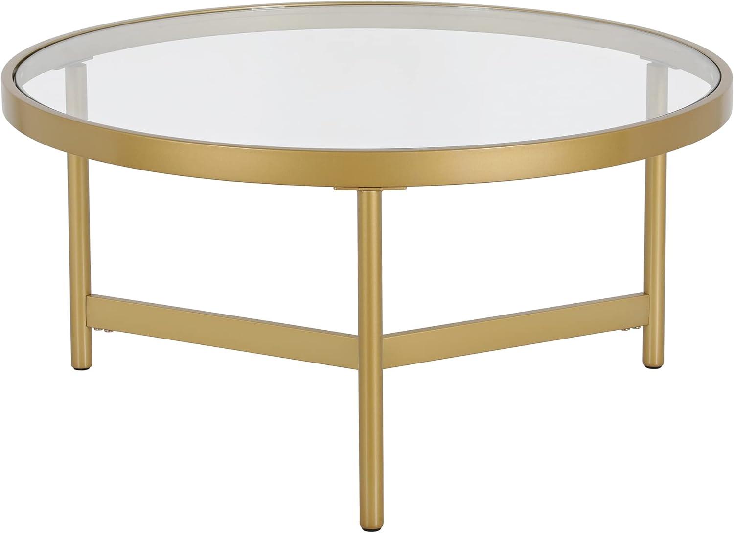 Evelyn&Zoe Yara 32" Wide Round Coffee Table with Glass Top, Brass