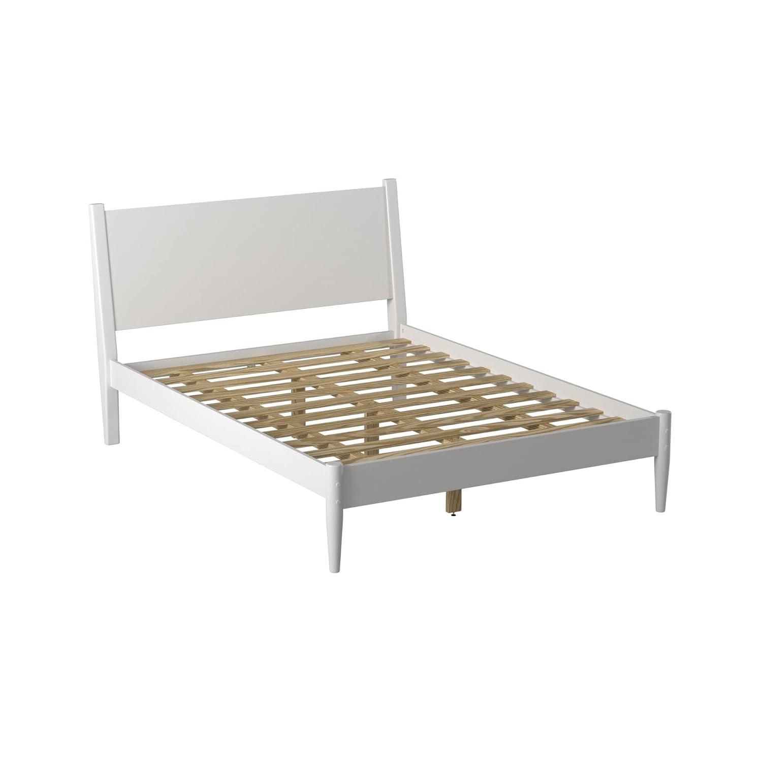 Camaflexi Mid Century Platform Bed Wood Panel Bed Frame with Headboard, Queen, White