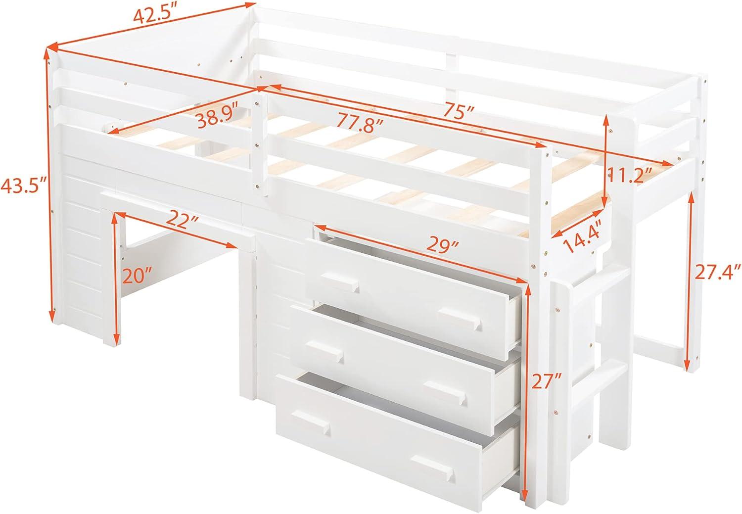 Harper & Bright Designs Low Loft Beds with Storage Drawers, Wooden Twin Loft Bed with Cabinet and Bedside Tray, Kids Loft Bed for Girls & Boys (Twin, White)