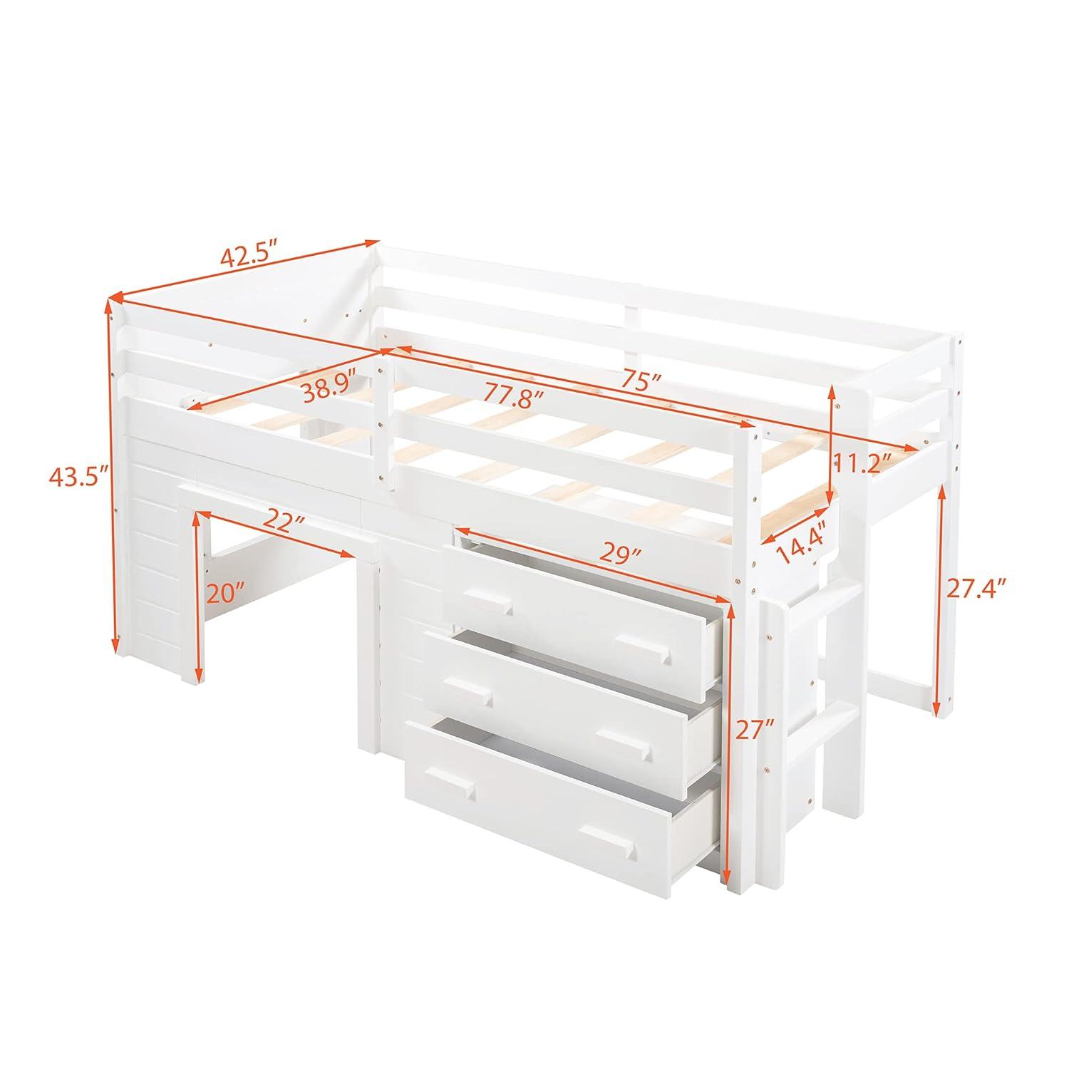 Harper & Bright Designs Low Loft Beds with Storage Drawers, Wooden Twin Loft Bed with Cabinet and Bedside Tray, Kids Loft Bed for Girls & Boys (Twin, White)