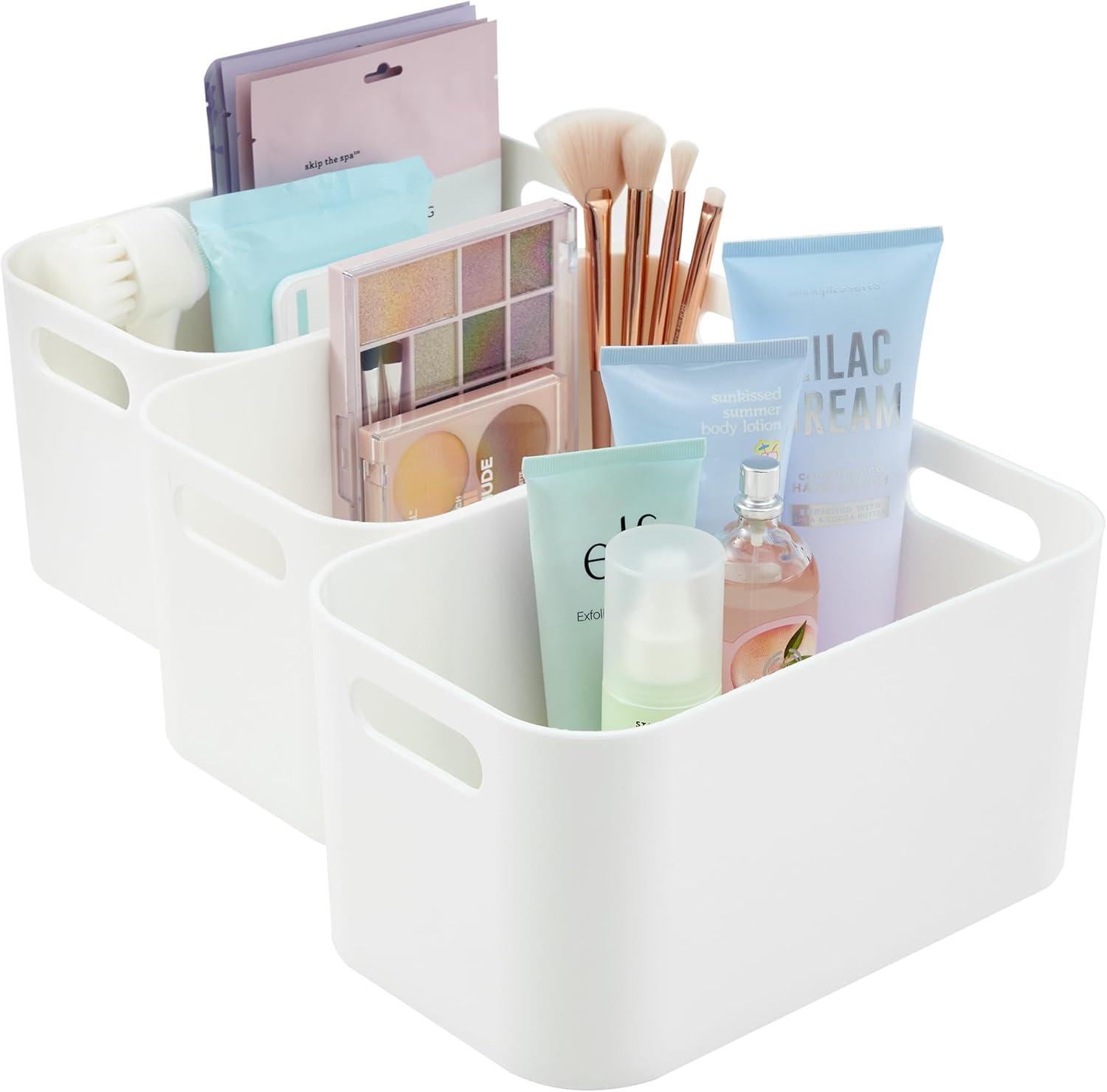 White Rectangular Plastic Storage Bins with Handles, Set of 3