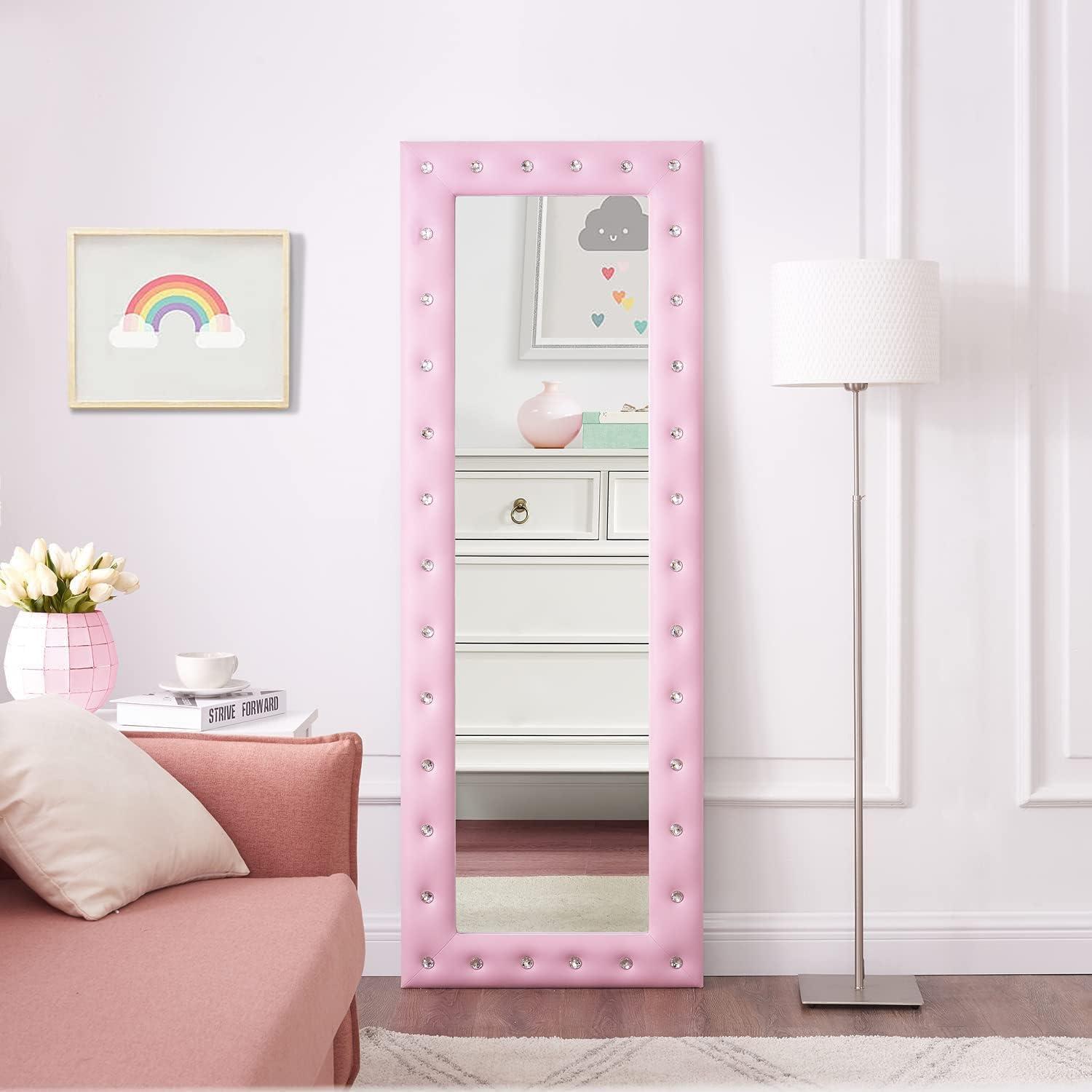 Naomi Home Crystal Tufted Floor Mirror Full Length 63 LX22 W Wall Mirror Full Length Standing Wall with Faux Wood Frame Mirrors for Bedroom - Pink