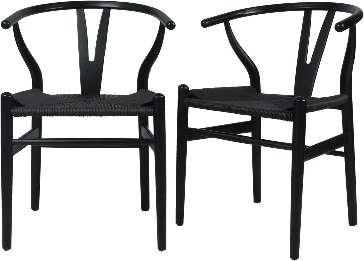 2xhome Set of 2 Wishbone Solid Wood Armchairs with Arms Open Y Back Farmhouse Dining Office Chairs with Woven Black Seat, Black