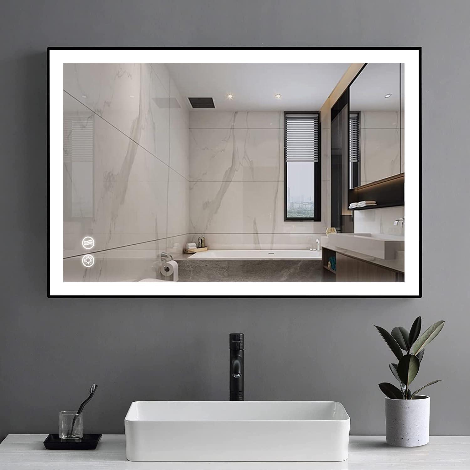 Rectangle Lighted LED Bathroom and Vanity Mirror 30 X 40 Inch Framed with Anti Fog, Adjustable Light Color and Dimmer Touch Sensors (Matte Black) by Fab Glass and Mirror