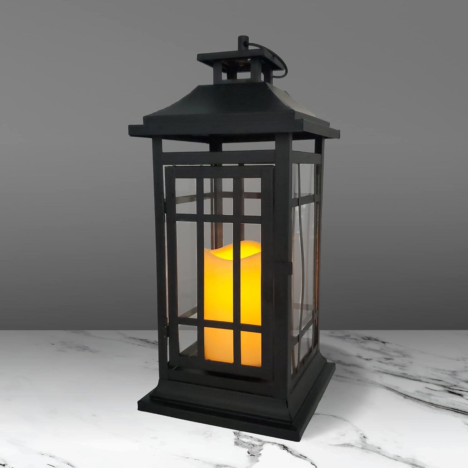 LumaBase Battery Operated Metal Lantern with LED Candle - Black Window (14 inches)