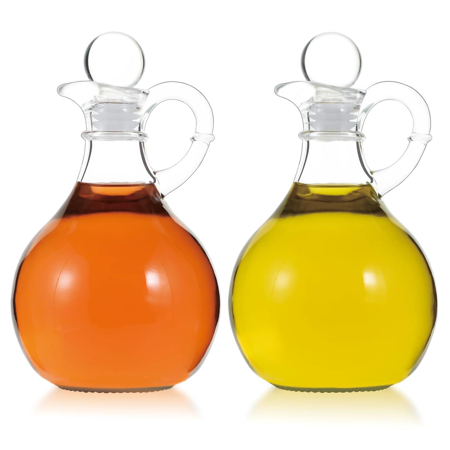 Cornucopia Brands 8oz Glass Oil and Vinegar Cruets (Set of 2); Round Oil Dispensers / Salad Dressing Bottles w/ Stoppers