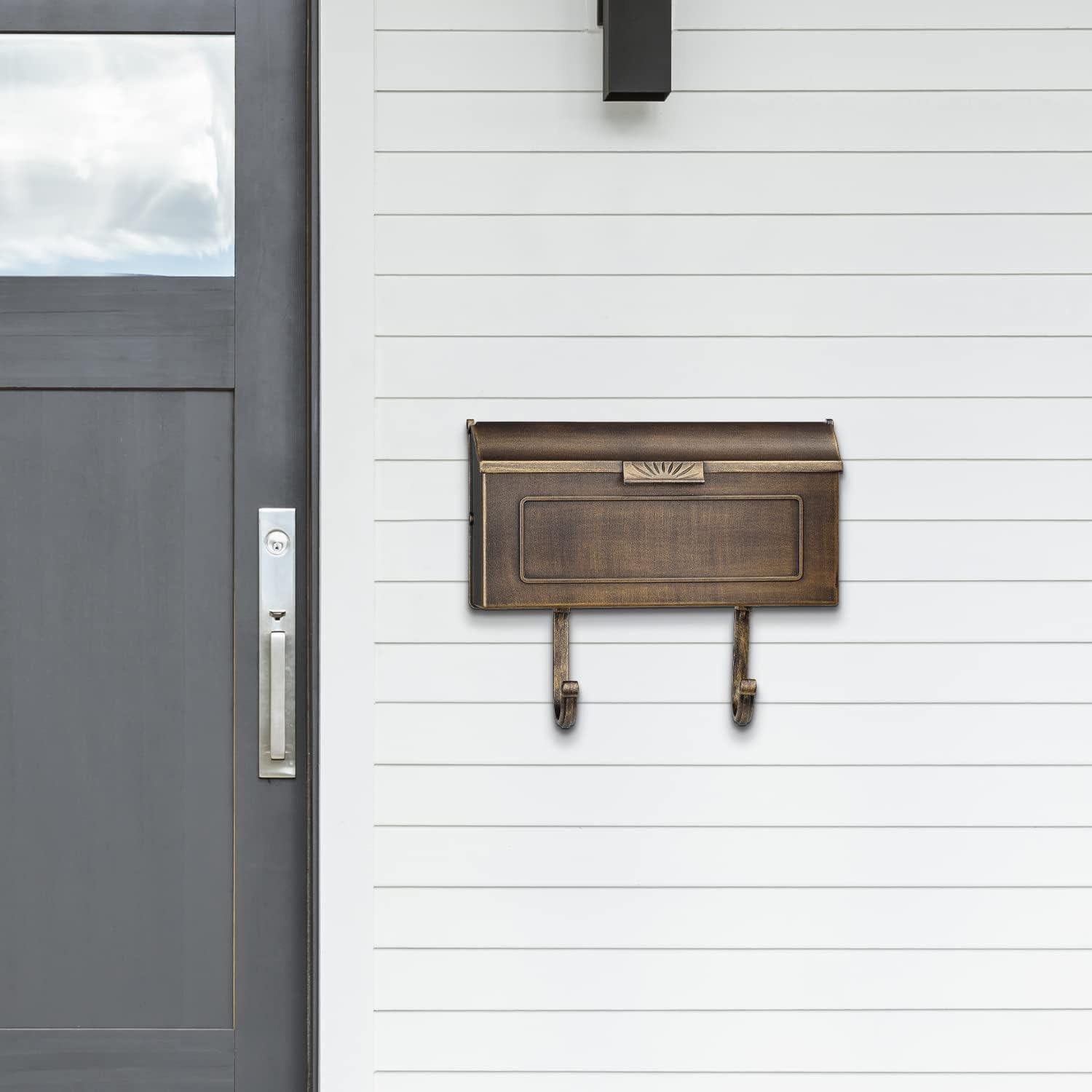 Cast Aluminum Metal Mailbox with Newspaper Hooks, Easy to Install Wall Mount, Heavy Duty, Rustproof Powder Coated Paint, Horizontal Mail Box for Outside House Porch - 16” x 4.25” x 8.25” (Black)
