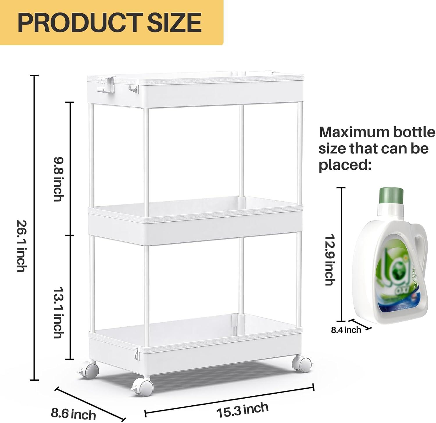 Adjustable 3-Tier White Rolling Utility Cart with Shelves